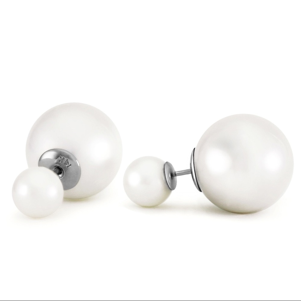 14K. SOLID GOLD  DOUBLE WHITE PEARLS STUD EARRINGS - Picture 2 of 3